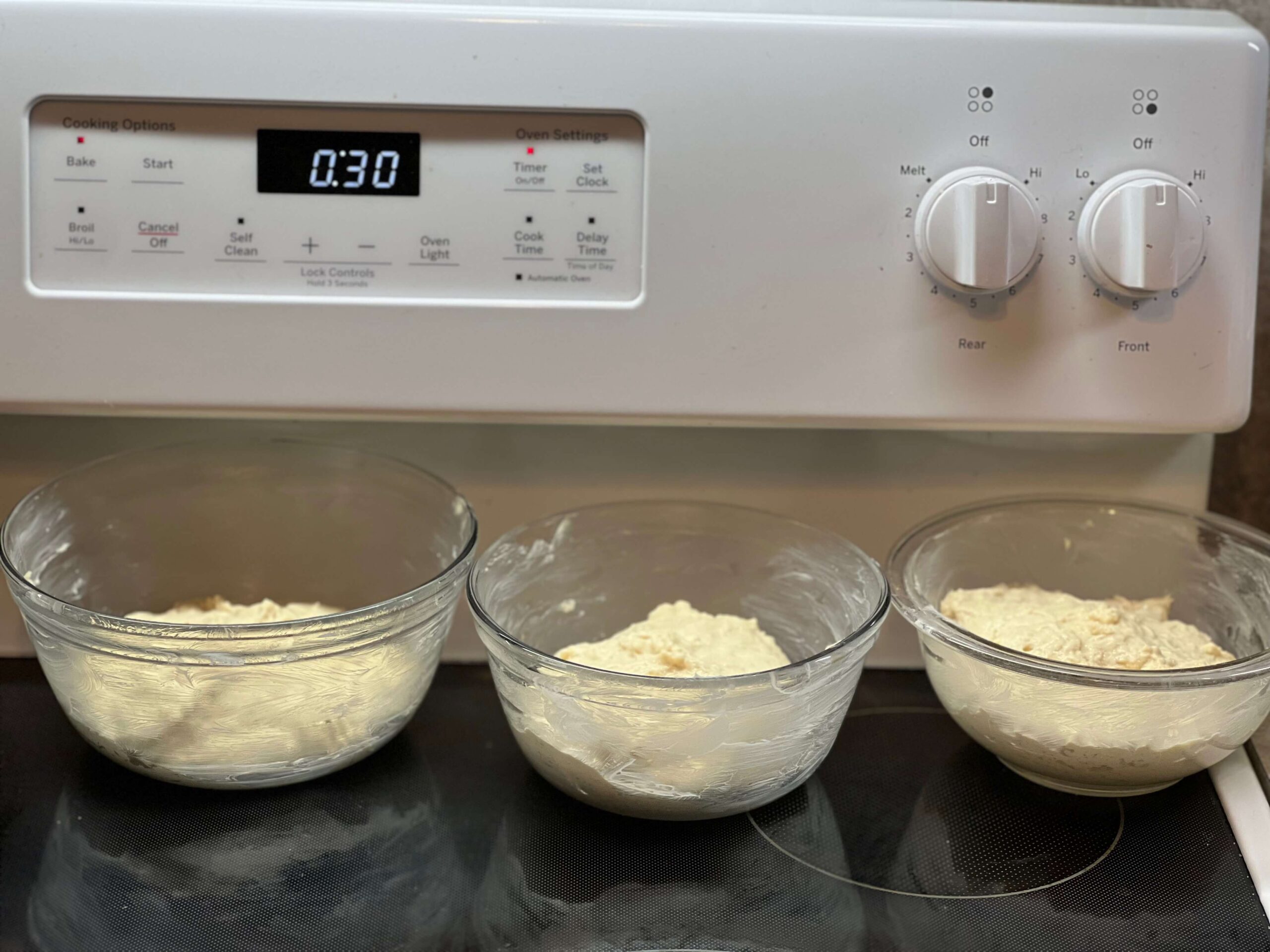 The peasant bread dough is ready to rise for the last time before baking.