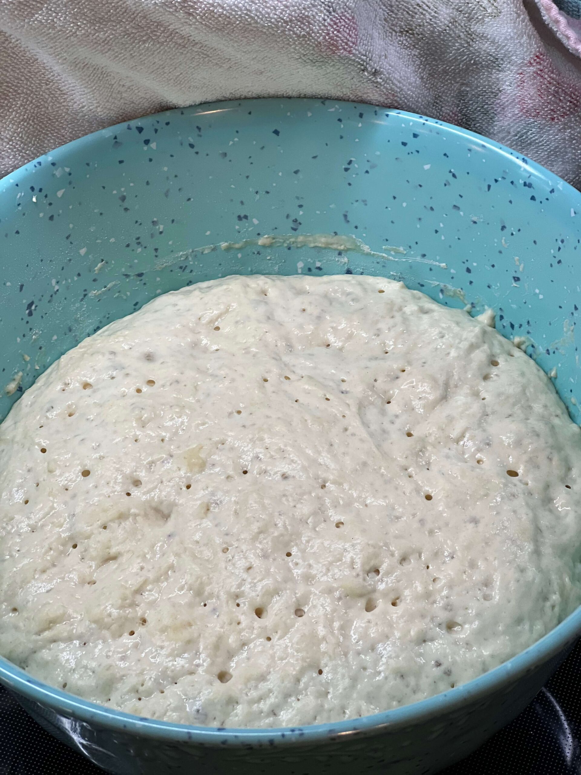 The peasant dough is ready to split up into small baking dishes.