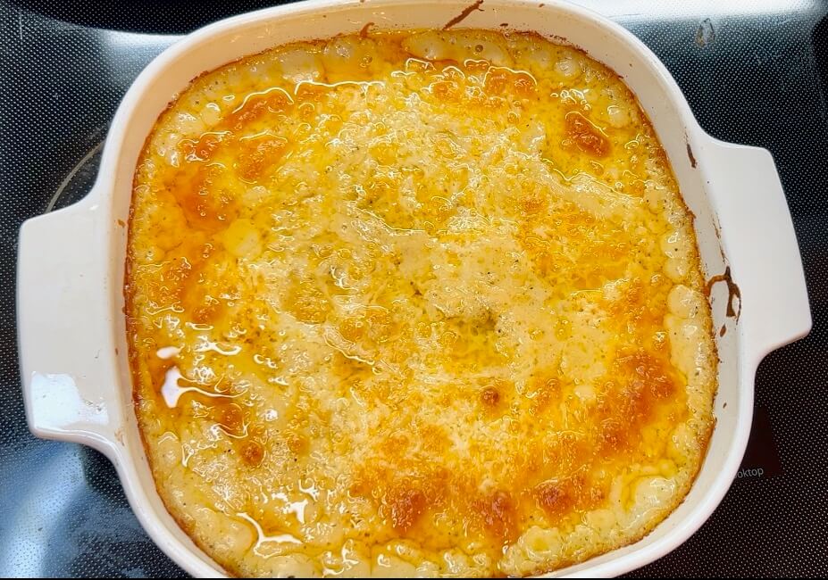 Baked cheesy scalloped potatoes fresh out of the oven.