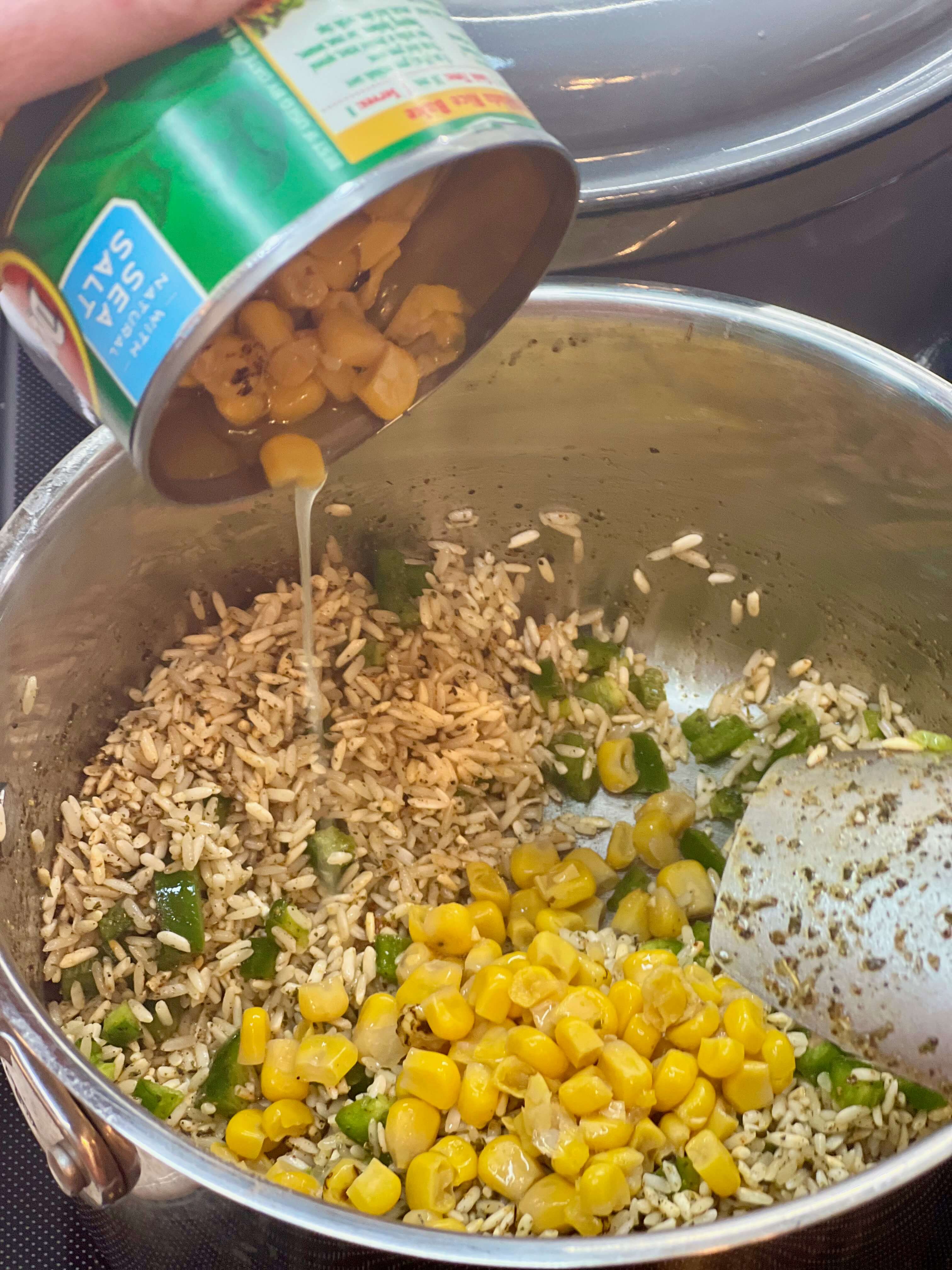 Add the corn and green chiles for the Southwest rice